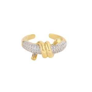 Adjustable golden twisted ring with sparkling pavé zircon stones in a minimalist design