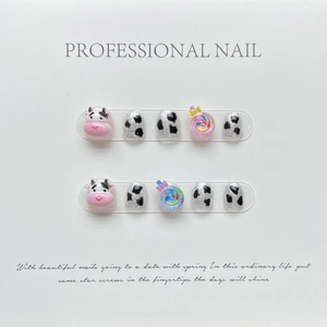 Cute cow pattern press-on nail set with 3D cow head and lollipop charms 10pcs