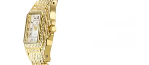Detailed side view of a women's gold square watch with full crystal inlay and roman numerals