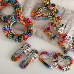 Rainbow Crochet Hair Clip And Scrunchie Knitted Cotton Yarn Handmade Sweet Gradient Hair Accessories For Girls