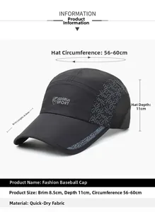 Dettaglio cappellino sportivo nero asciugatura rapida con visiera 8,5 cm e mesh