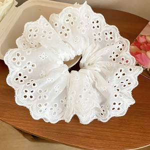 Gros plan détaillé d'un chouchou en dentelle blanche brodée avec bords festonnés
