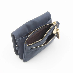 Blue vintage foldable wallet with gold zipper and multiple card slots on white background