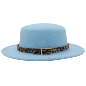 Flat Top Boater Hat Woolen Felt Wide Brim Leopard Print Band Gold Buckle Sun Protection Vintage Winter Women Accessories
