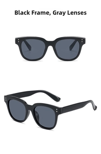 Detailed views of black square sunglasses with grey lenses and silver metal rivet accents