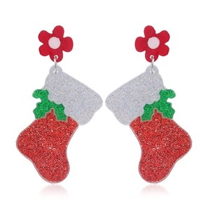 Christmas cartoon stocking acrylic earrings with red flower stud and glitter finish