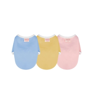 Three-pack cotton ribbed dog t-shirts in blue, yellow and pink with gummy bear tags