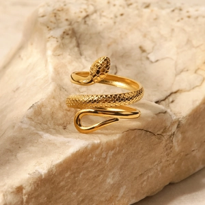 French vintage 18K gold plated stainless steel snake ring with realistic scale texture