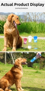 Outdoor pet water bottle for dogs in pink, blue, and white colors used on grass