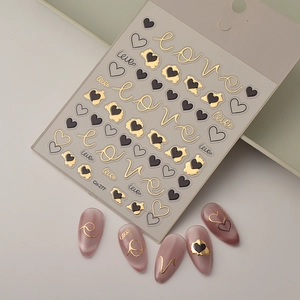 5D embossed nail art stickers with gold heart patterns and Love lettering style Co-277