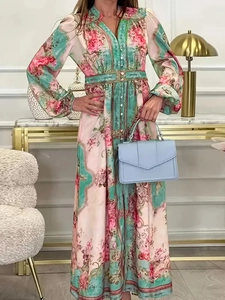 Elegant long-sleeved floral maxi dress with stand collar and waist-slimming silk finish