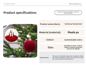 Detail of red flocked 6cm Christmas ball hanging on tree with golden cap and string