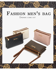 Close-up of three-zipper crossbody bags in four colors with classic monogram pattern