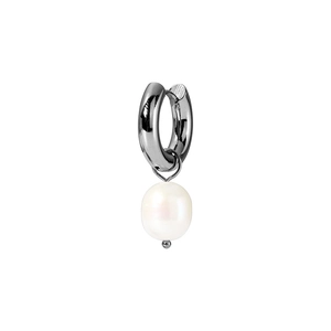 Detailed view of a silver stainless steel hoop earring with a white pearl pendant.