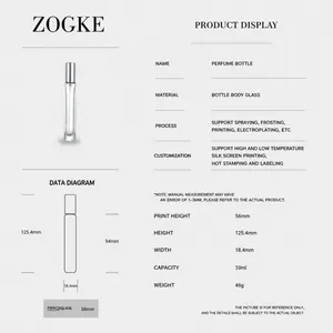 10ml portable glass perfume spray bottle with silver metal cap and dimension details