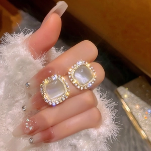 Geometric Square Cat Eye Stone Earrings With 925 Sterling Silver Earring Post Rhinestone Halo Elegant Jewelry For Women