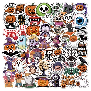 Detailed view of Halloween stickers featuring pumpkins, ghosts and trick or treat motifs