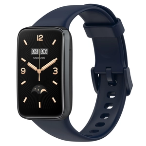 Macro view of Xiaomi Smart Band 7 Pro with dark blue silicone strap and rectangular screen