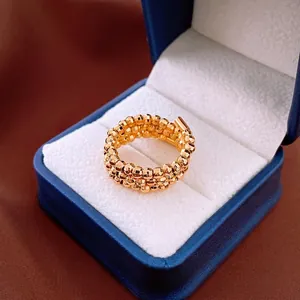 Vintage multi-layer gold bead adjustable ring for women with polished triple-layer design