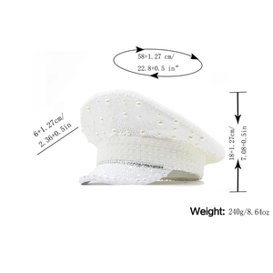 White captain hat with pearls and sequins showing head size 58cm and height 18cm