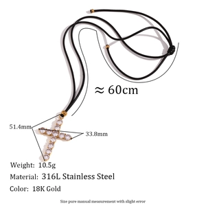 18K gold plated stainless steel cross necklace with zircon and black rope cord