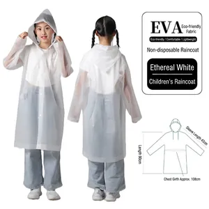 Translucent white EVA waterproof kids raincoat with hood and snap closure for outdoor use