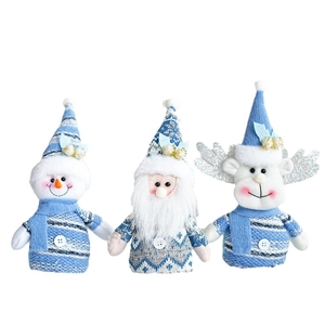 Blue and white plush Christmas dolls set featuring Santa, snowman, and reindeer figures