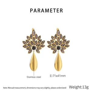 Detailed parameter view of gold stainless steel earrings with grey gems and teardrop pendant