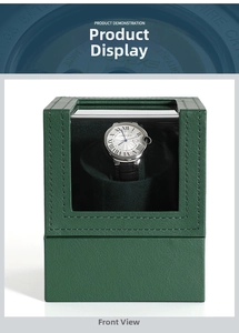 Detail of single automatic watch winder in green lychee leather with clear window