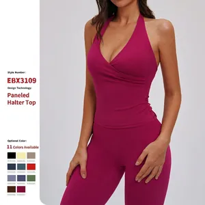 Women Halter V-Neck Yoga Tank Top Brushed Backless Sports Vest Moisture Wicking Tight Fit Gym Running Underwear Sleeveless Top