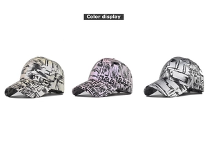 Detailed color display of three graffiti-style tie-dye baseball caps in various patterns