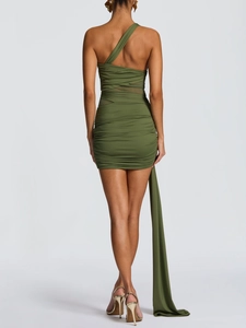 Olive green one shoulder ruched mini dress with side ribbon seen from the back view