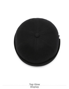 Top down view of black cotton miki hat with six-panel structure and top button detail