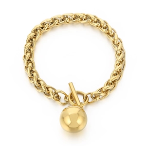 Polished gold curb chain jewelry set with a toggle clasp and smooth sphere pendant
