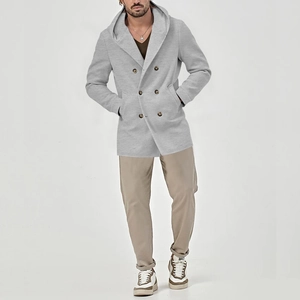 Detail of grey double-breasted hooded trench coat for men with textured space cotton fabric