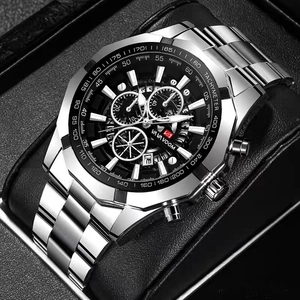 Luminous men's quartz sports watch with silver steel band and black chronograph dial