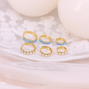 Golden S925 silver opal hoop earrings set in white and blue available in three sizes