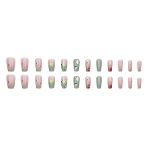 Press-on nails in pink and sage green with silver star accents and 3D heart rhinestones