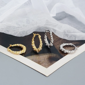 Detail showing twisted rope texture earrings with shimmering zircons in gold and silver