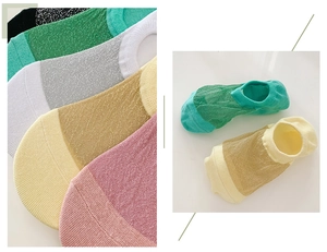Detailed view of sheer low cut boat socks with sparkling metallic silk yarn and colors