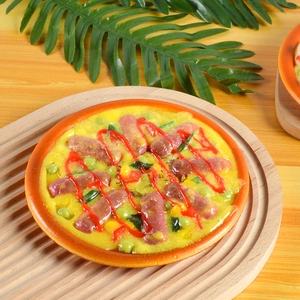 Realistic artificial pizza food model with ham and corn for display or photography props