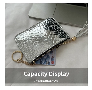Detail showing internal capacity of silver snakeskin card holder with key ring and tassel