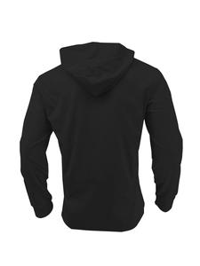 Back view of a black long-sleeved hoodie with high-quality knit texture on a white background