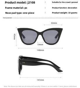 Tabella taglie dettagliata per occhiali da sole cat-eye J2108 con dimensioni montatura