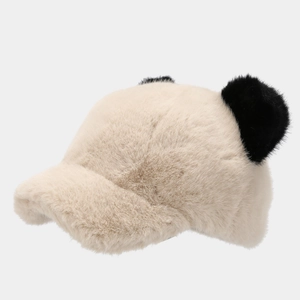Berretto da baseball a forma di panda in peluche beige e nero con orecchie