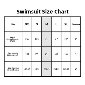 Detailed size guide table for women's bikini bottoms with measurements from XS to XL