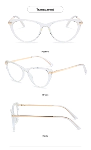 Three views of transparent cat-eye frames with gold metal temples and clear tips