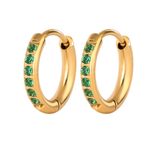 Detailed close-up of gold stainless steel hoop earrings with inlaid green gemstones