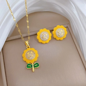 Sunflower Necklace And Earrings Titanium Steel Chain Copper Enamel Petals Sparkling Zircon Women Elegant Fresh Floral Style