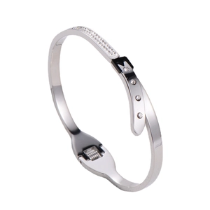 Silver stainless steel belt buckle bangle with sparkling white zircon stones for women